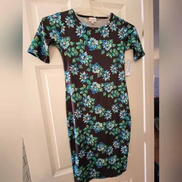 NWT Green & Blue Floral Print Lularoe Julia Form Fitting Midi Dress Size XXS - Picture 1 of 5